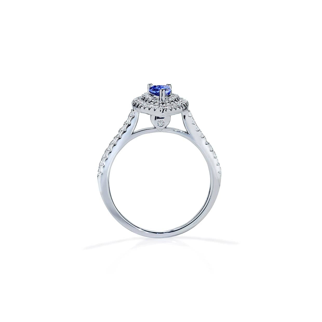 Delphi blå pear cut forlovelsesring med dobbelt diamant halo