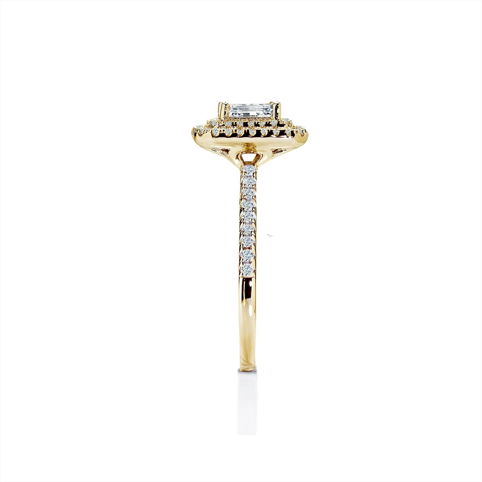 Bloom emerald safir guld forlovelsesring med dobbelt diamant halo