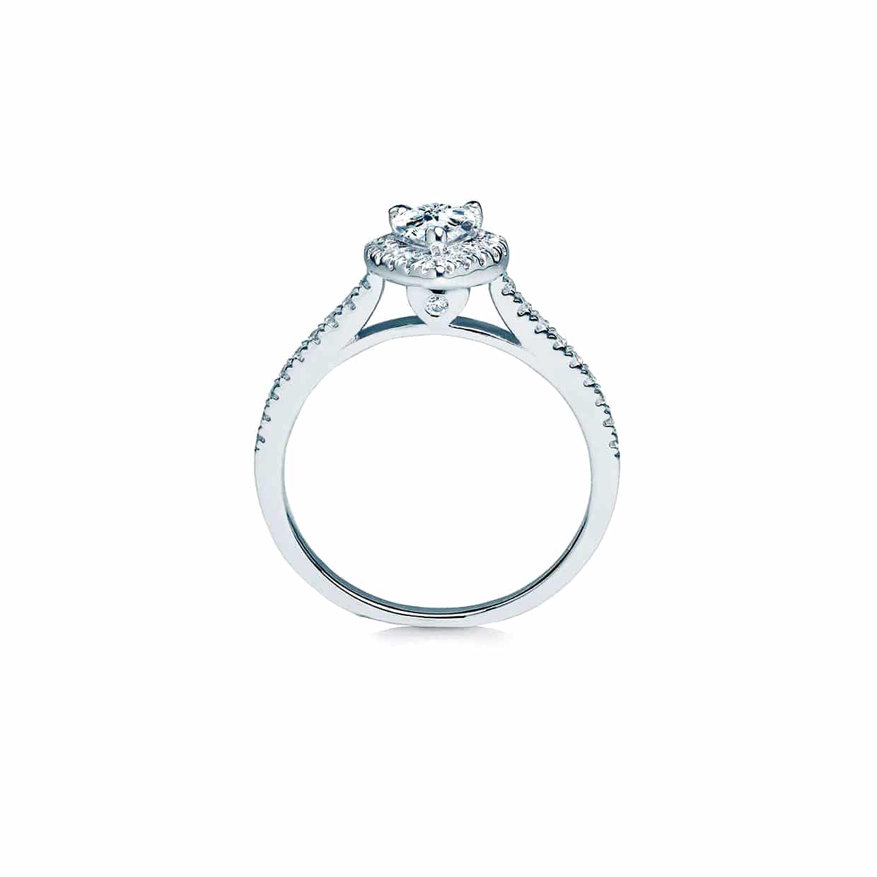 Capri dimant halo forlovelsesring med hvid pæreformet safir