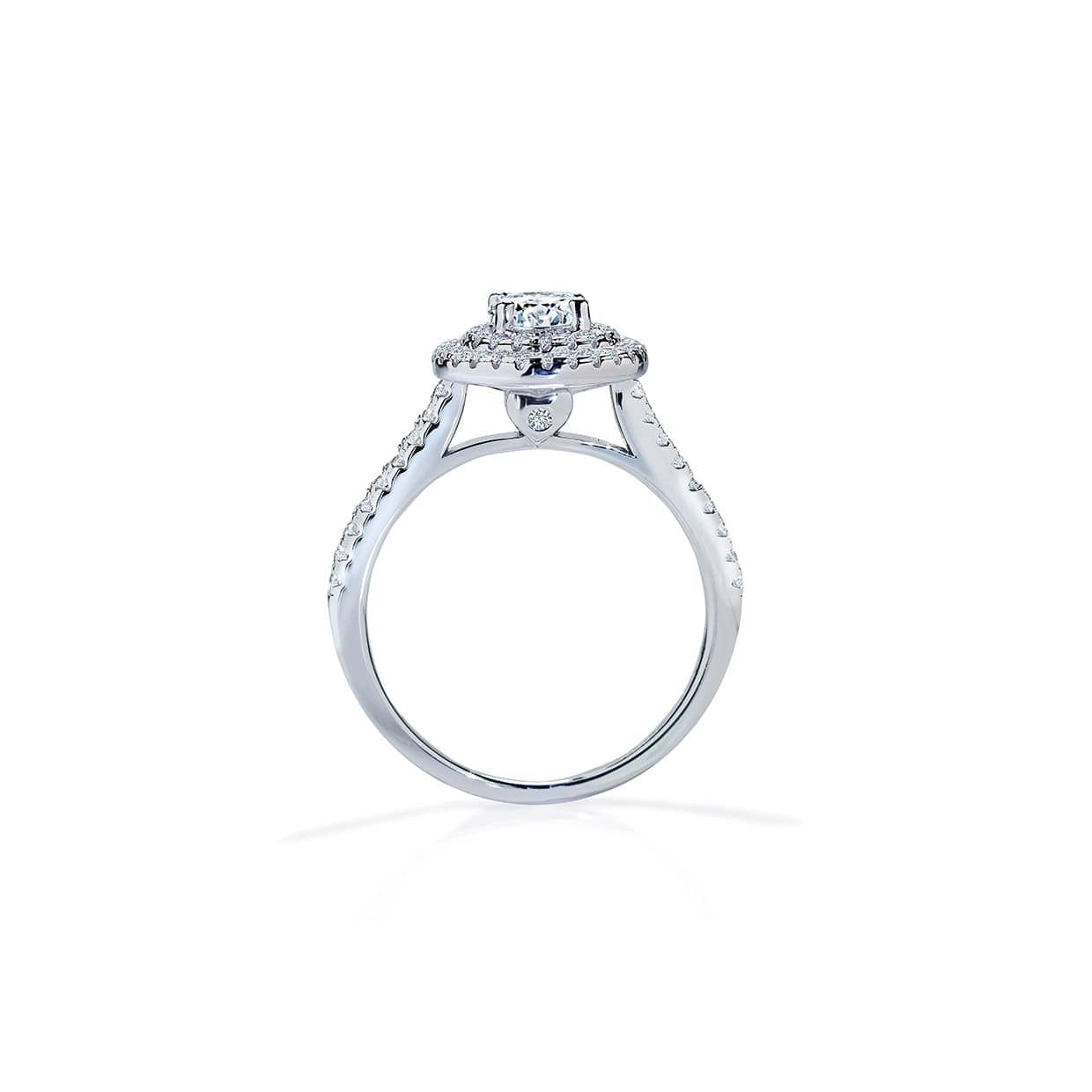 Amara dobbelt rund diamant halo forlovelsesring med hvid safir
