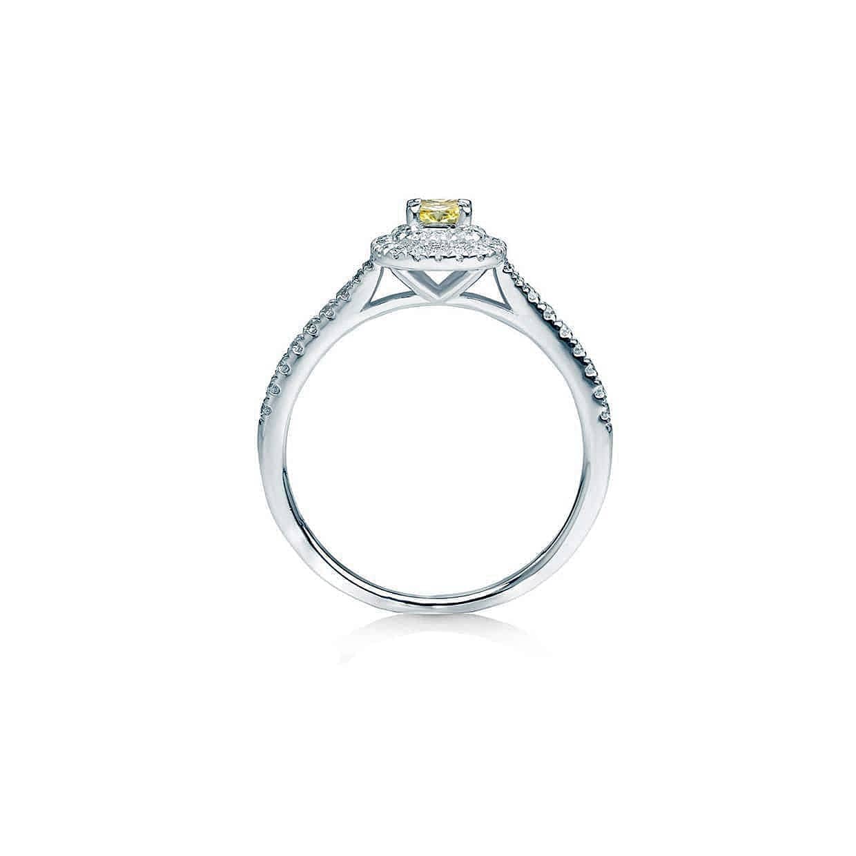 Gul cushion safir forlovelsesring med dobbelt diamant halo
