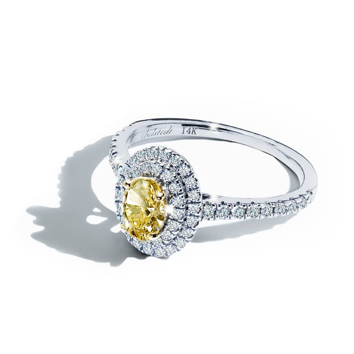Bliss gul forlovelsesring med safir og dobbelt diamant halo