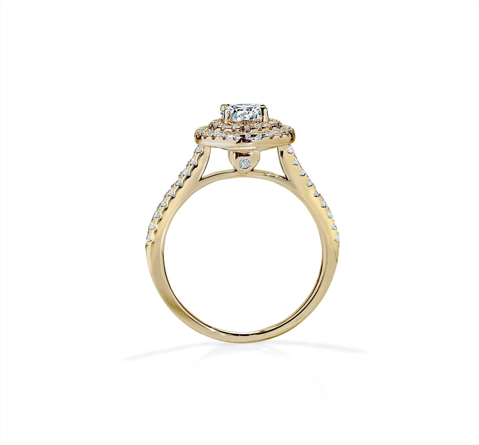 Isadora rund safir forlovelsesring med dobbelt diamant halo i guld