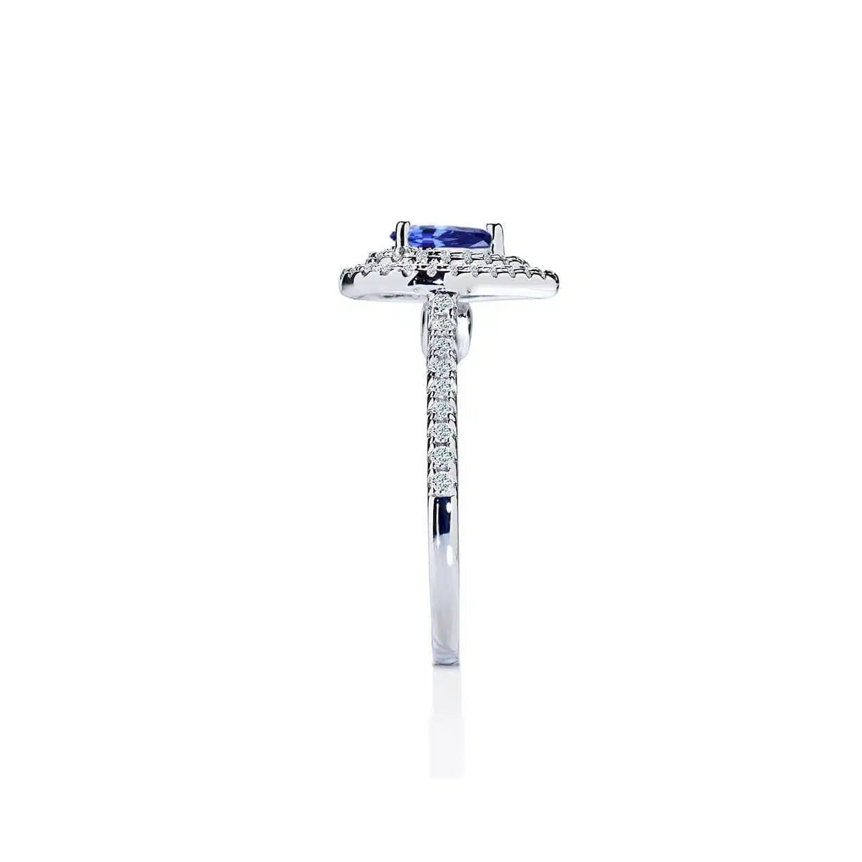 Delphi blå pear cut forlovelsesring med dobbelt diamant halo