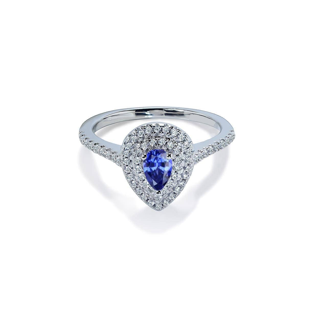 Delphi blå pear cut forlovelsesring med dobbelt diamant halo