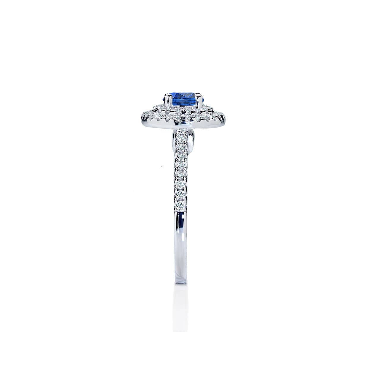 Grace blå safir forlovelsesring med dobbelt halo af diamanter