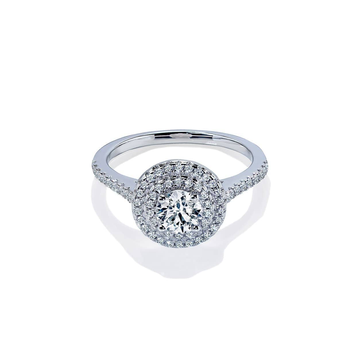 Amara dobbelt rund diamant halo forlovelsesring med hvid safir