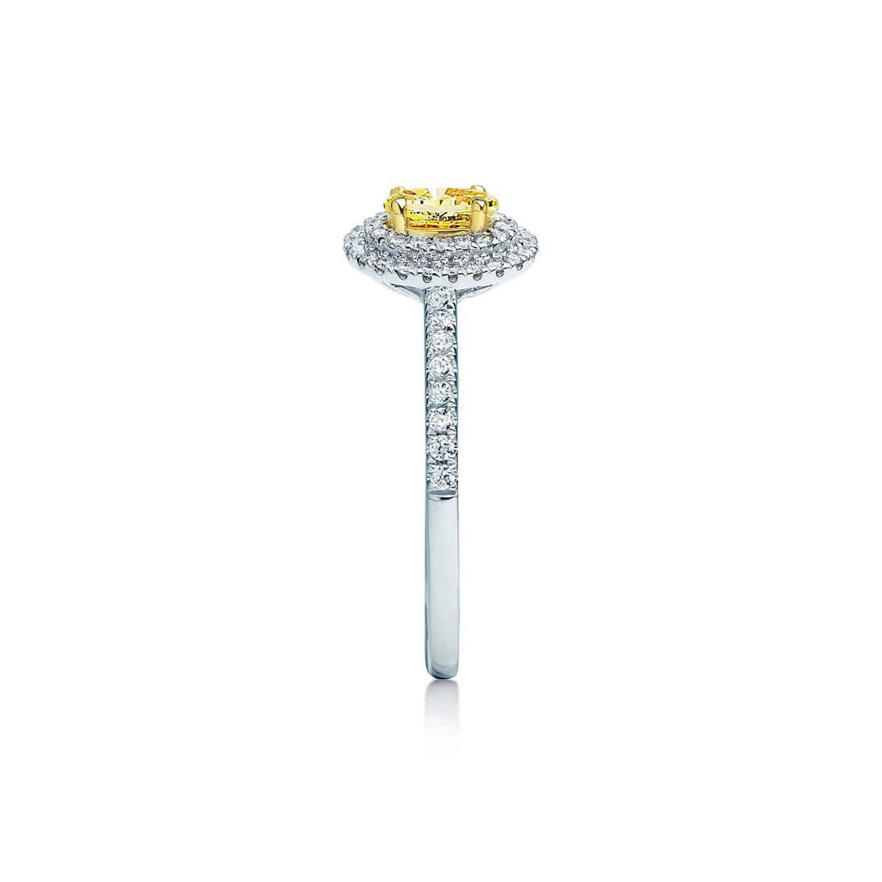 Bliss gul forlovelsesring med safir og dobbelt diamant halo