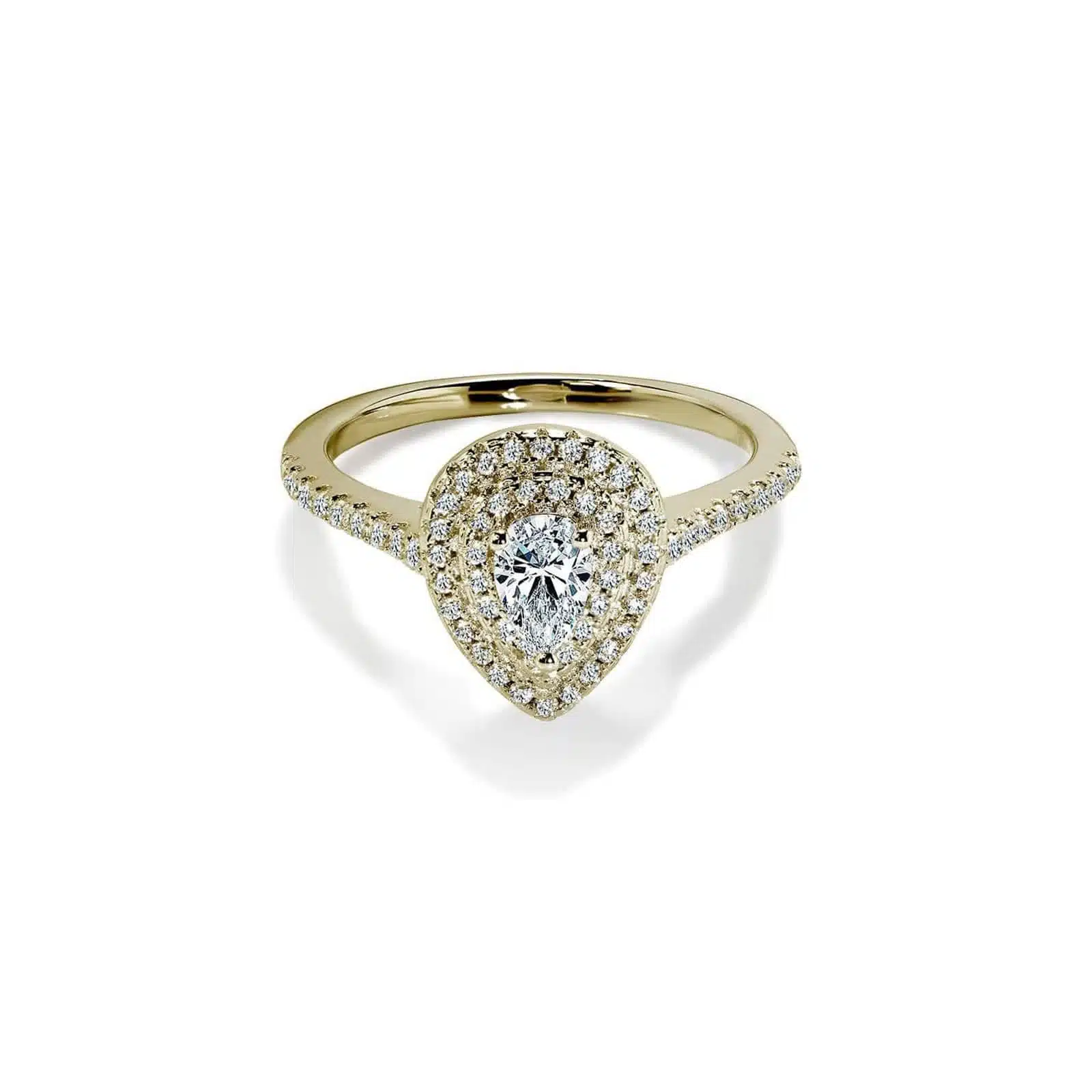 front produktbillede af pæreformet guld forlovelsesring med diamanter, hvid baggrund